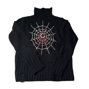 Social Collision Eyeball Spider Distressed Turtleneck Sweater Medium Goth Grunge